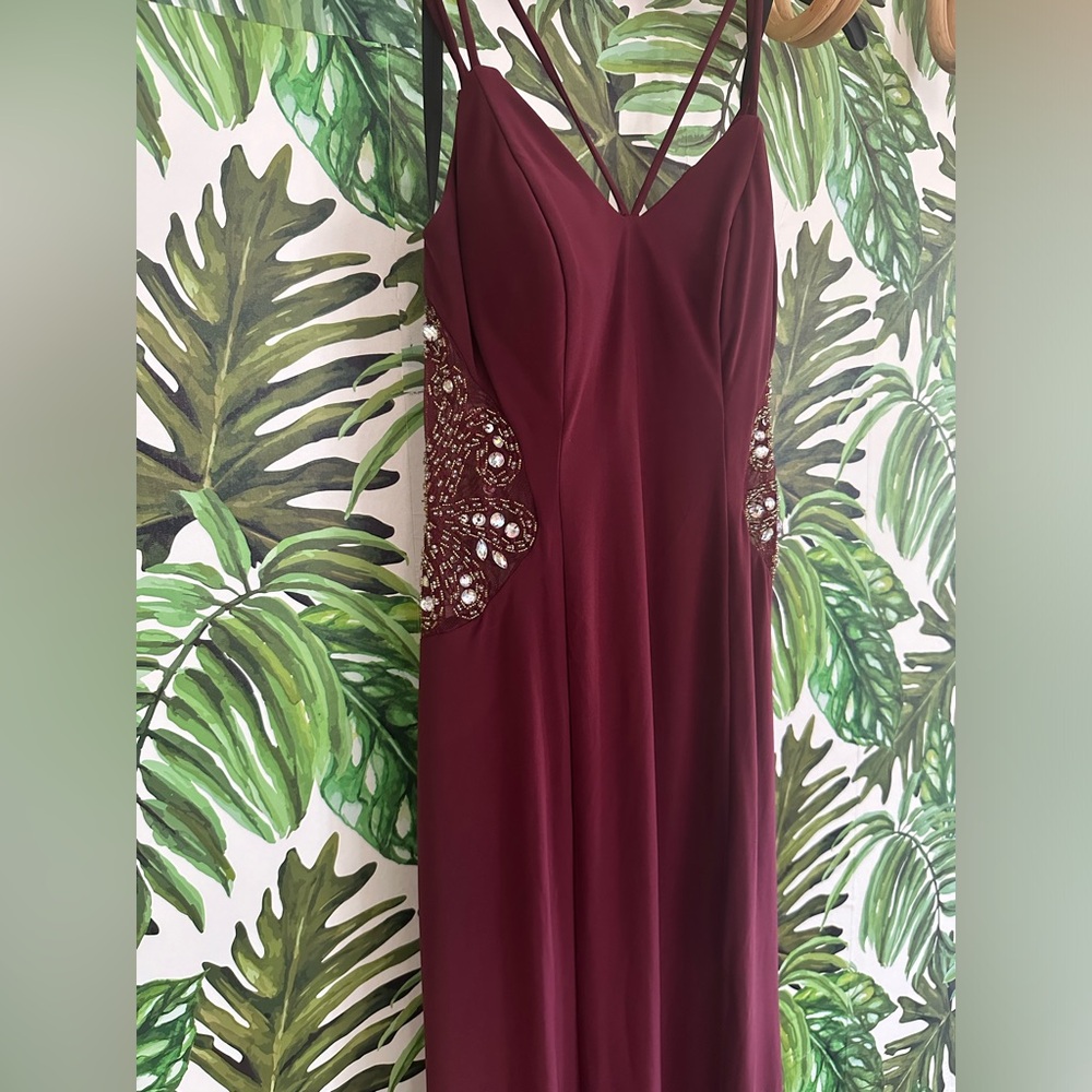 B. Darlin Wine gown with mesh, gold/silver details